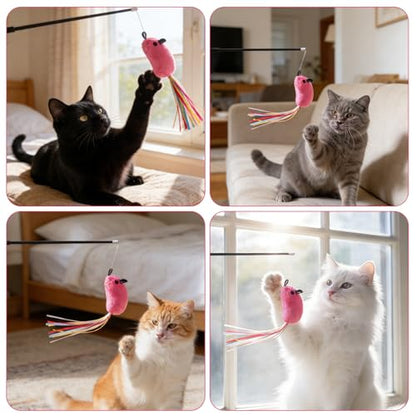 5PCS Premium Catwandtoy Accessories with Ribbons, Cat Mouse Toy for Indoor Catkitten Play Flopping Toy Filled Soft Plush Interactive No Catnip Feline Chew Plaything for Indoor Cats Kitten Exercise