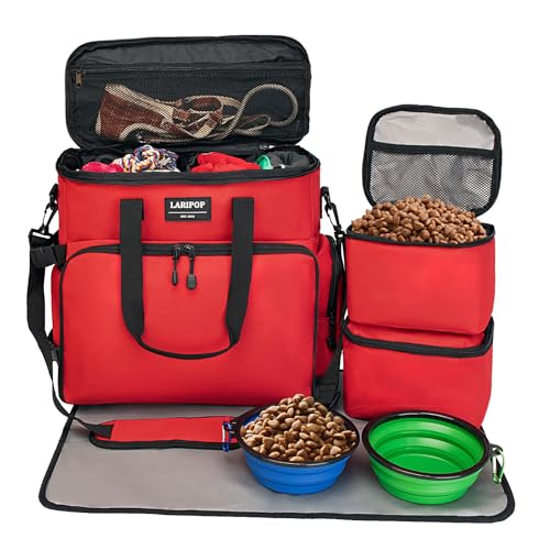 LARIPOP Dog Travel Bag Airline Friendly for Small Medium Large Dogs, Pet Travel Organizer with Collapsible Bowls Food Containers Mat, Waterproof Portable Tote for Dog Outdoor Travel - color: Red