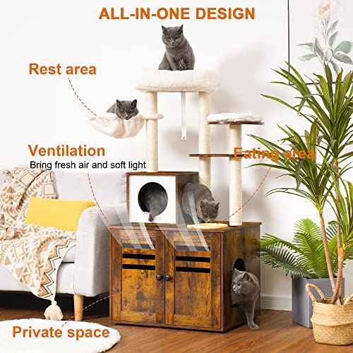 Heybly Cat Tree, Wood Litter Box Enclosure with Food Station, All-in-one Indoor Cat Furniture with Large Platform and Condo, Modern Style Cat Tower, Hammock, Rustic Brown HCT100SR