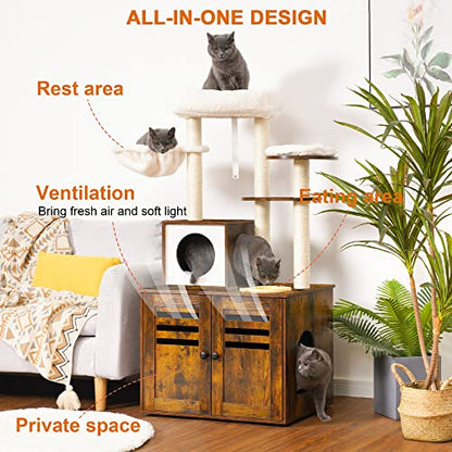 Heybly Cat Tree, Wood Litter Box Enclosure with Food Station, All-in-one Indoor Cat Furniture with Large Platform and Condo, Modern Style Cat Tower, Hammock, Rustic Brown HCT100SR
