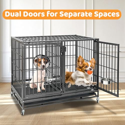Homey Pet 43 Inch 2 Tiers Dog Crate Cage Kennel with Divider, Stackable Heavy Duty Dog Crate for Large Dogs, Escape Proof Indestructible Dog Kennel Indoor with Removable Tray, Lockable Wheels(4 Packs) - size: 43"L - 2 Tiers - 4 Pack