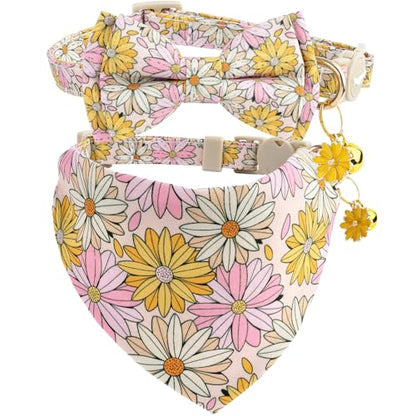 Faygarsle 2 Pack Floral Cat Collar Set with Bandana and Bow Tie, Pink and Yellow Daisy Pattern, Breakaway Safety Buckle - color: Yellow Flower