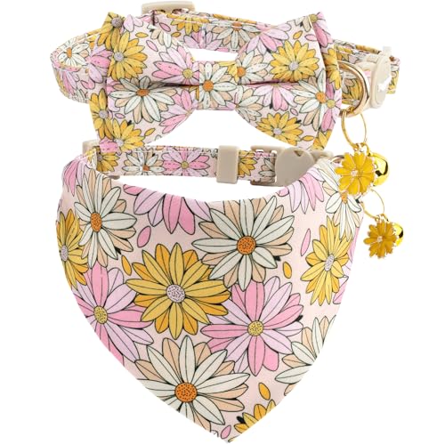 Faygarsle 2 Pack Floral Cat Collar Set with Bandana and Bow Tie, Pink and Yellow Daisy Pattern, Breakaway Safety Buckle - color: Yellow Flower