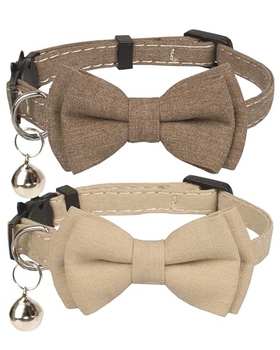 Cat Collar Breakaway Bowtie Safety with Bell Adjustbale Kitten Puppy Solid Plaid Color Set A-[2pcs] Brown & Beige - color: A-[2pcs] Brown & Beige