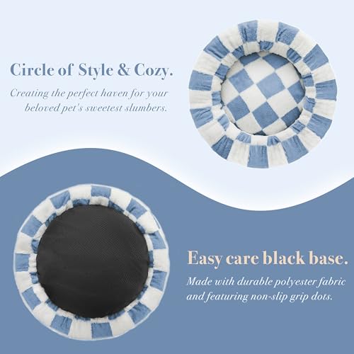 Ohocut Checkered Dog Bed, Cute Blue Retro Style Aesthetic Round Warming Pet Calming Beds for Small Dog and Cats, Plush Cozy Donut Dog Beds Washable, 30" L x 30" W x 8" Th - color: Blue, size: 30"L x 30"W x 8"Th