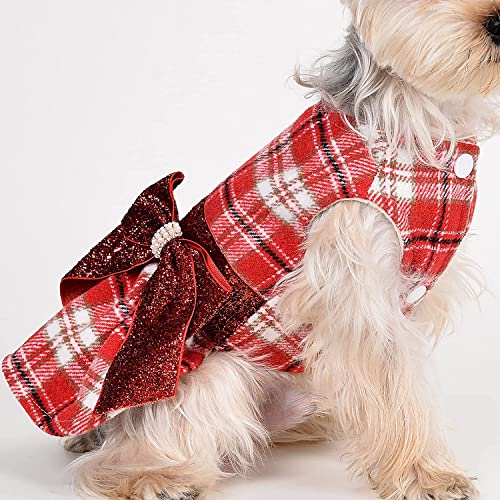 Red Dog Dress Dog Sweater - Christmas Doggy Clothes for Small Dogs - Puppy Sweater Dress Princess Plaid Dress - Pet Outfit Holiday Festival Puppies Apparel Wedding Birthday Winter Clothing, XXS, Red - color: Red Plaid, size: XX-Small (Chest 11in )