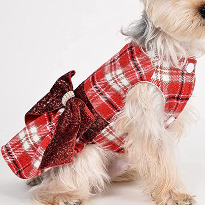 Red Dog Dress Dog Sweater - Christmas Doggy Clothes for Small Dogs - Puppy Sweater Dress Princess Plaid Dress - Pet Outfit Holiday Festival Puppies Apparel Wedding Birthday Winter Clothing, XXS, Red - color: Red Plaid, size: XX-Small (Chest 11in )