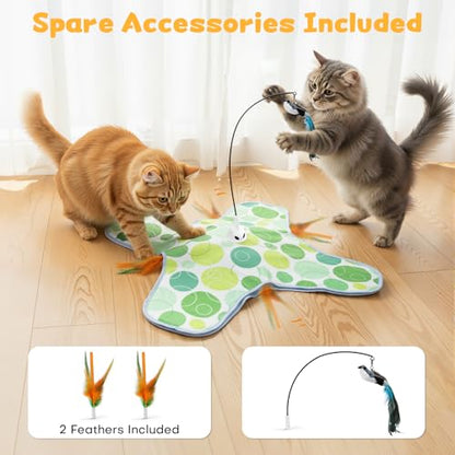 Interactive Cat Toys with Bird, Hide and Seek Cat Toy, 2 in 1 Automatic Moving Concealed Feathers for Indoor Cats, Non-Slip Suction, Touch Activated, USB Rechargeable, Green - color: Green-with Bird