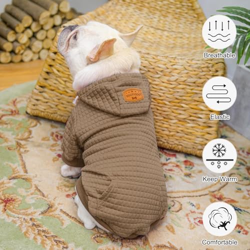 BEAUTYZOO Small Dog Hoodie Sweater with Pockets, Dog Clothes for Small Medium Dogs Boy Girl, Waffle-Like Laminated Cotton Pet Coats with Hat and Leash Hole, Khaki S - color: Khaki, size: S (Back: 12",Chest: 16", Neck: 10")