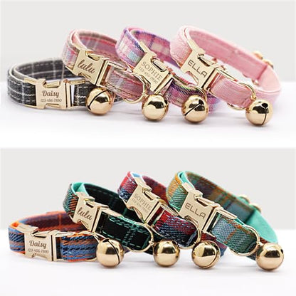 Personalized Plaid Cat Collar with Bell - Non-Breakaway Custom Polyester Kitten Collar with Engraved Name & Phone Number (Pattern 06, S (6.5-10.5 Inches)) - color: Pattern 06, size: S (6.5-10.5 Inches)