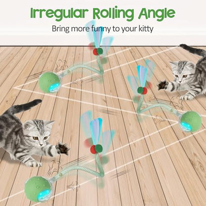 Interactive Cat Toys Ball for Indoor Cats, Automatic Moving Ball Toy with Elastic Mesh Tail, Chirping & Obstacle Avoidance and Motion Activated, Green【Rechargeable】 - color: Green