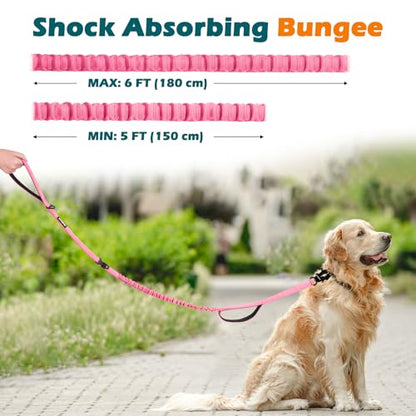Heavy Duty Tactical Dog Leash, 5 FT Bungee Shock Absorption Leash with 2 Padded Handles, Quick Release Metal Clip, Car Seatbelt, No Pull Training Lead for Large Medium Dogs（Pink） - color: Pink