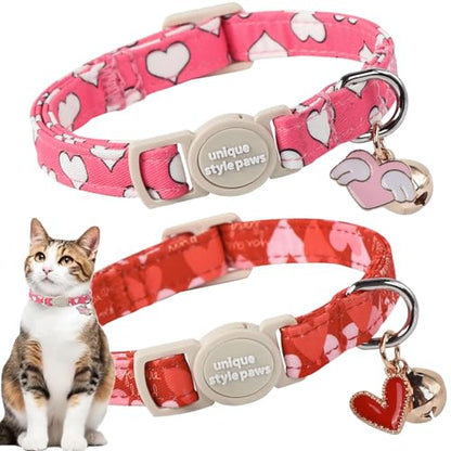 Unique style paws 2 Pack Valentine's Day Kitten Collar Breakaway with Bell&Pendant, Adjustable Safety Red Lip Rainbow Cat Cotton Collar for Girl Boy Cat and Small Pet - color: red pink heart
