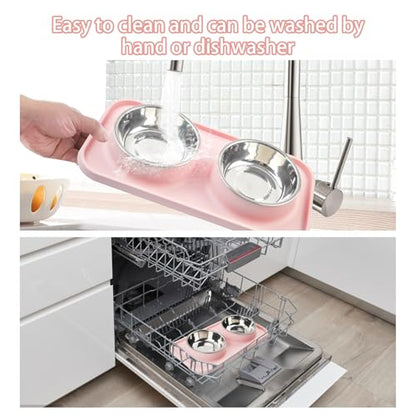 Double Dog Food Bowls with Mat,Stainless Steel Dog Bowls with No Spill Non Skid Silicone Mat Removable Cats Water and Food Bowl Set for Puppy Cats Kitten Small Medium Dogs(Pink) - color: 【Pink】