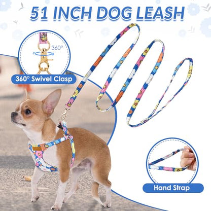 Lukovee Puppy Harness and Leash Set, No Pull Lightweight Soft Suede Adjustable Pet Harness Vest with Snap Buckle for Puppy Small and Medium Size Dog (Blue Flower, S) - color: ·Blue Flower, size: Small ( 9-17.5lb )