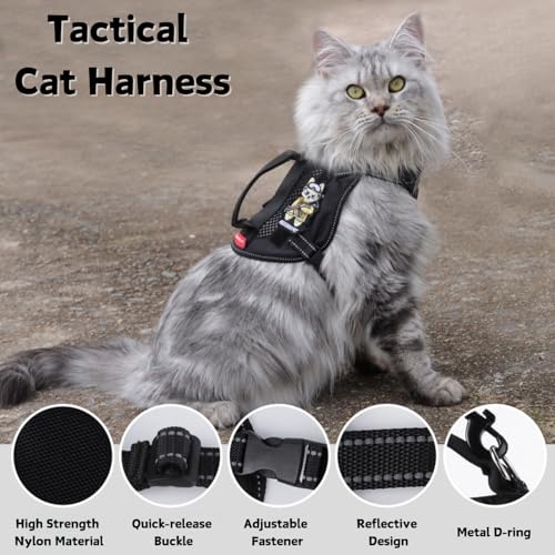 Cat Harness and Leash Set for Walking Escape Proof Adjustable Reflective Large Cat Tactical Harness with Patches Breathable Summer Vest Soft Mesh Padding Handle Easy to Control (Black, M) - size: M