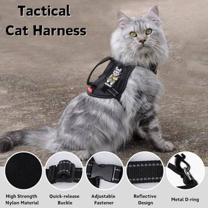 Cat Harness and Leash Set for Walking Escape Proof Adjustable Reflective Large Cat Tactical Harness with Patches Breathable Summer Vest Soft Mesh Padding Handle Easy to Control (Black, S) - size: S