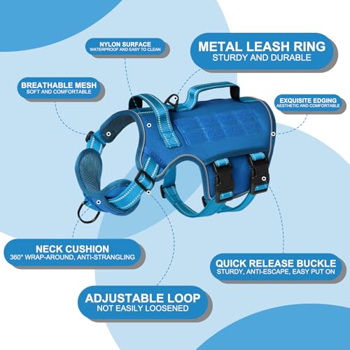 Tactical Dog Harness Medium Sized, Heavy Duty No Pull Dog Harness with Handle, Easy On and Off Service Dog Vest with Molle System, Reflective Pet Vest for Walking Hiking Training - color: Blue, size: M(Neck:17-23",Chest:22-32"),35-50 lbs