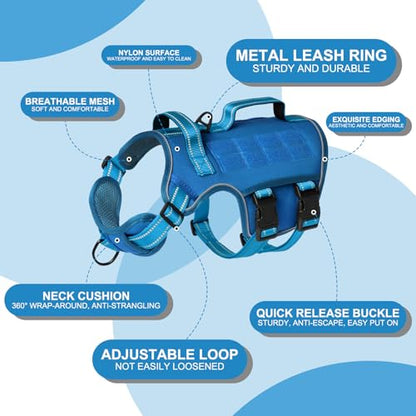 Tactical Dog Harness Medium Sized, Heavy Duty No Pull Dog Harness with Handle, Easy On and Off Service Dog Vest with Molle System, Reflective Pet Vest for Walking Hiking Training - color: Blue, size: M(Neck:17-23",Chest:22-32"),35-50 lbs