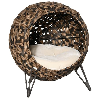 PawHut 20.5" Weaved Cat Bed, Elevated Hand-Woven Braided Banana Leaf Kitten House Condo with Cushion, Brown - color: Brown