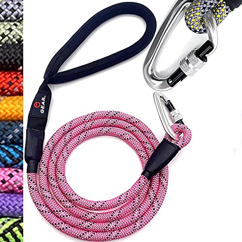 Heavy Duty Dog Leash with 1100LB Rated Locking Carabiner – 6FT Climbing-Inspired Reflective Rope Leash for Large & Medium Dogs that Pull – Padded Handle (Pink) - color: Pink