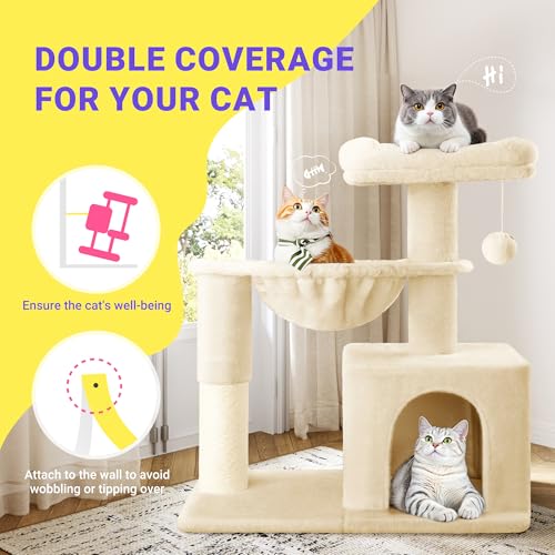Allewie 29.5in Indoor Cat Tree, Multi-Level Cat Tower with Sisal Scratching Posts, Padded Perch, Basket, Condo, and Hanging Ball, Suitable for Kittens and Adult Felines,Beige - color: Beige