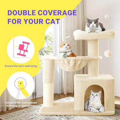 Allewie 29.5in Indoor Cat Tree, Multi-Level Cat Tower with Sisal Scratching Posts, Padded Perch, Basket, Condo, and Hanging Ball, Suitable for Kittens and Adult Felines,Beige - color: Beige
