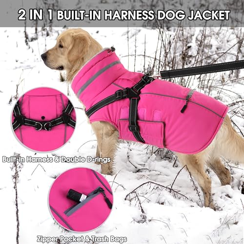 Dog Coat Medium, Built-in Harness Dog Jacket with Warm Fleece Lining, Waterproof Reflective Dogs Winter Coat, Pet Coats with Pocket and Trash Bags (Pink, Medium) - color: Pink, size: Medium