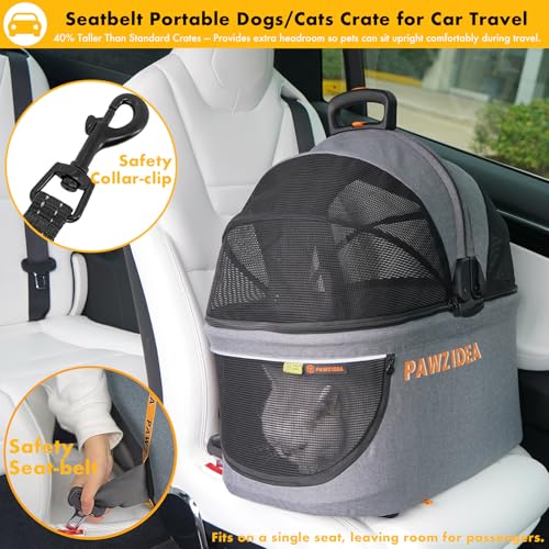 PAWZIDEA Portable Small Dog Crate for Car Travel up 33lbs, Enclosed Dog Car Seat Soft-Sided, Escape-Proof Reversible No-Zip Canopy, Foldable Pet Carrier Seatbelt for Small Medium Puppies & Cats Kennel - color: Mid-Hemp Grey, Small/Medium