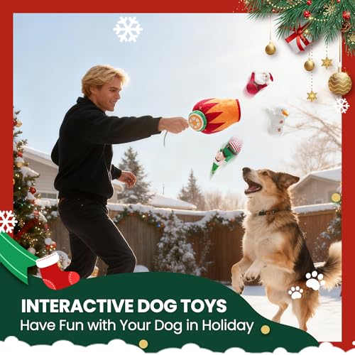 Nocciola Christmas Squeaky Dog Toys 4PCS, Interactive Hide and Seek Dog Toys Christmas Theme- Santa/Snowman/Elf in Cannon Toys Plush, Crinkle Dog Chew Toys for Large Medium Small Dogs - style: Christmas Cannon