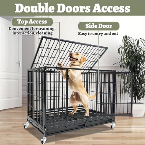 6 Pack Two Tiers 47 Inch Heavy Duty Dog Crate for Large Dogs, Stackable Chew-Proof Drop Cage for Dog with 4 Lockable Wheels, Escape Proof Auto-Lock & Buckle, Double-Access Wide Door Dog Kennel Indoor - size: 47 Inch-12 Pack
