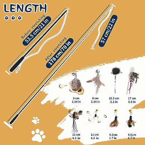 LELE LIFE 70'' Ultra Long Cat Wand Toy for Full Fun, Interactive Cat Toys for Indoor Cats Kitten, 2Pcs Retractable Flexible Poles and 8Pcs Cat Feather Toys Bell Teaser Refills, 2Pcs String Refills