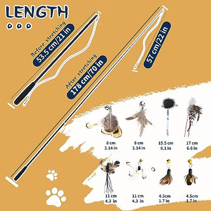 LELE LIFE 70'' Ultra Long Cat Wand Toy for Full Fun, Interactive Cat Toys for Indoor Cats Kitten, 2Pcs Retractable Flexible Poles and 8Pcs Cat Feather Toys Bell Teaser Refills, 2Pcs String Refills