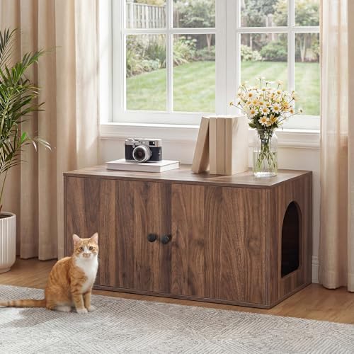 HOOBRO Cat Litter Box Enclosure, Hidden Litter Box Furniture with Side Entry, Litter Box Cabinet, Indoor Cat House, End Side Table, 31.5"L x 17.7"W x 16.3"H, for Living Room, Bathroom, Walnut WL40MW01 - color: Walnut