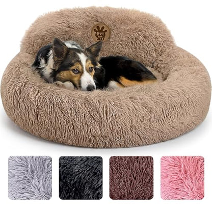PetJett Calming Medium Dog Bed - 30'' Round Dog Beds - Washable Dog Bed - Anti-Slip Super Soft Fluffy Plush Donut Bed, Anti-Anxiety Premium Comfort Pet Bed, Fits Dogs up to 45 lbs - Beige - color: Beige, size: Medium - 30”L x 30”W x 8”Th