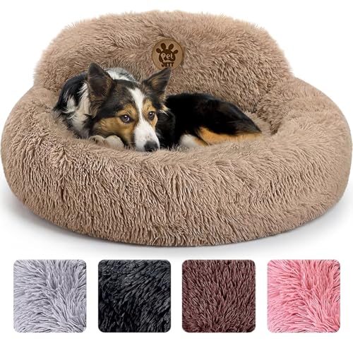 PetJett Calming Medium Dog Bed - 30'' Round Dog Beds - Washable Dog Bed - Anti-Slip Super Soft Fluffy Plush Donut Bed, Anti-Anxiety Premium Comfort Pet Bed, Fits Dogs up to 45 lbs - Beige - color: Beige, size: Medium - 30”L x 30”W x 8”Th