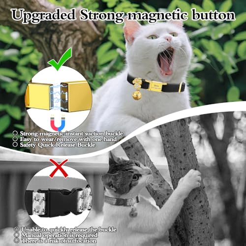 Personalized Breakaway Cat Collars - Magnetic Buckle, Bell - Safety Quick Release, Customized for Girls & Boys Cats- (Velvet-Black) - color: Velvet-Black