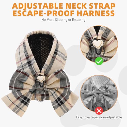 KOOLTAIL Small Dog Harness and Leash Set, Cute Puppy Vest Harnesses with Bowtie, Step in No Pull Soft Mesh Padded Adjustable Plaid Pet Harness for Extra-Samll Medium Dogs Cats, Boy Girl, XS S, Beige M - color: Beige, size: M (Chest Girth: 16"-18")