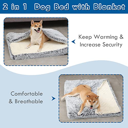 Dog Bed with Cover Cave, Orthopedic Dog Bed with Blanket, 33.5 * 27.6'' Rectangle Pet Crate Cozy Cuddler Mat, Anti-Anxiety Memory Foam Calming Pad for Puppy Cat with Removable Washable Cover - color: Grey