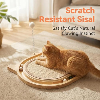 Sisal Cat Scratcher Toy with Ball Track Feather and Ball, Wooden Interactive Toy for Indoor Cats, Scratch Pad,Kitten Toys for Chasing Hunting Physical Exercise(12.9 * 17.4in