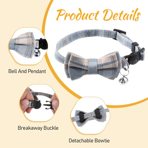 2 PCS Cat Collar Bow Tie, Plaid Bowtie Cat Collar, Breakaway Cute Cat Collar with Bells, Adjustable Bowtie Collars for Boy Kitten Puppy and Small Pets
