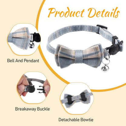 2 PCS Cat Collar Bow Tie, Plaid Bowtie Cat Collar, Breakaway Cute Cat Collar with Bells, Adjustable Bowtie Collars for Boy Kitten Puppy and Small Pets