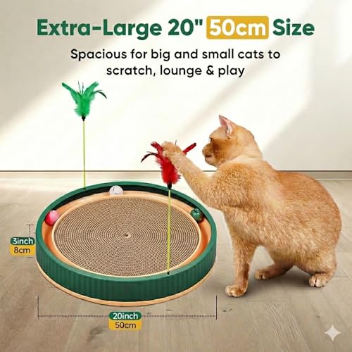 20-Inch Round Cat Scratcher Bed with Ball Track – 3-in-1 Interactive Cardboard Scratching Pad with Feather Toy & Non-Slip Base – Great for Indoor Cats, Active Kittens & Large Breeds (Green) - color: Green