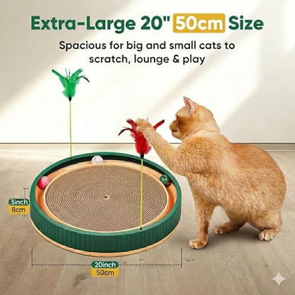 20-Inch Round Cat Scratcher Bed with Ball Track – 3-in-1 Interactive Cardboard Scratching Pad with Feather Toy & Non-Slip Base – Great for Indoor Cats, Active Kittens & Large Breeds (Green) - color: Green