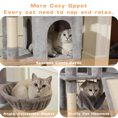 Letkind Cat Tree, 70-Inch Cat Tree Tower with Hammock, Scratching Post, Condo and Multi-Level Cat Tower, Large Cat Activity Center Playhouse, Light Gray LCT015 - color: Light Grey