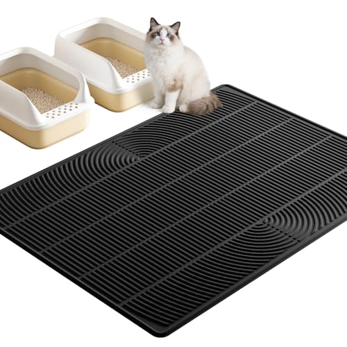 TRZZ XXL Extra Large Cat Litter Mat, Silicone Litter Box Mat for Floor, Waterproof & Non-Slip, Easy to Clean, Cat Litter Trapping Mat & Kitty Litter Catcher for Scatter Control (Black) - color: Black