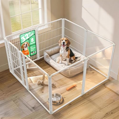 FXW AuraSpace Pro Acrylic & Wire Mesh Indoor Dog Playpen, 32" Height 8 Panels Metal Dog Pen for Small and Medium Dogs, White│Patented - color: White, size: 32"H