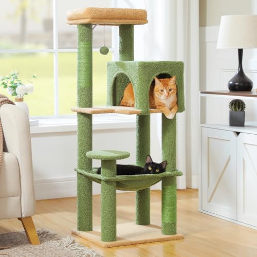 MUTTROS Cactus Cat Tree for Indoor Cats, 44.5" Multi-Level Cat Tower with Large Metal Frame Hammock, Cat Condo with 2 Scratching Posts and Top Perch for Small to Medium Cats, Green - color: Cactus Green, size: 44.5in