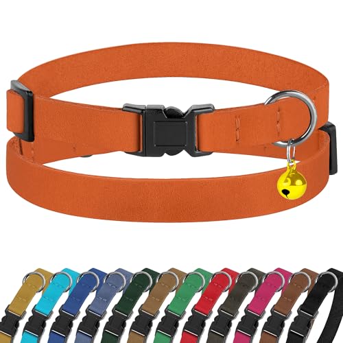 Breakaway Cat Collar Leather with Removable Bell - 13 Colors Available - Soft Adjustable Girl Boy Safety Lightweight Pet Kitten Collars Pink Brown Blue Green Red Orange Black (Orange) - color: Orange