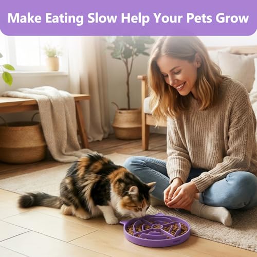 YINEYA 2 Pcs Silicone Slow Feeder Cat Bowl, Cat Slow Feeder for Food Training, Interactive Puzzle Bowls for Puppy, Kitten Dishes to Prevent Overeating, Treat Toys Suitable for Dry and Wet Food - color: Purple & Cyan